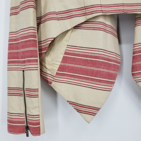 BCBGMaxazria Striped Abbey Blazer XS Asymmetrical Open Front 100% Cotton Tan Red - Picture 10 of 11